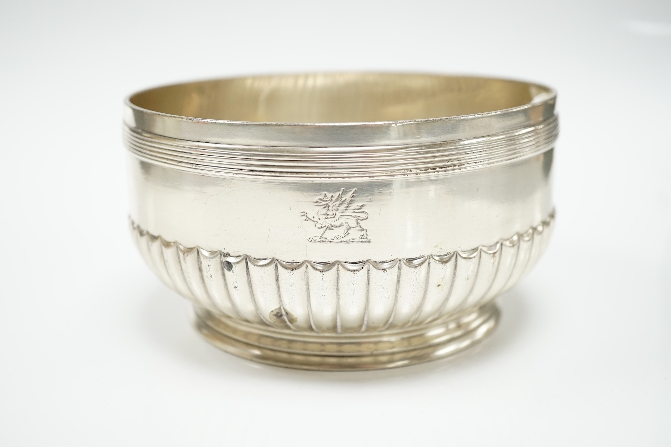A late Victorian demi fluted silver circular bowl by R & S Garrard & Co, London, 1894, 14.1cn diameter, 14.6oz.